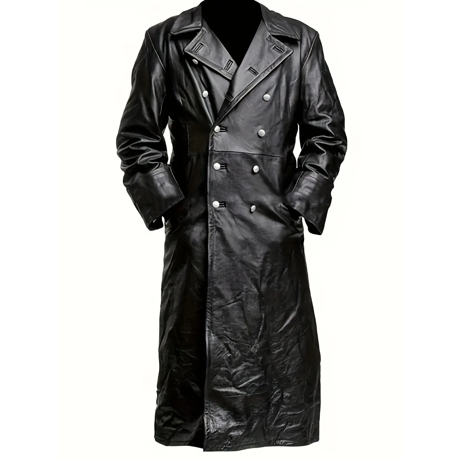 Men'S Classic Double-Breasted Long Windbreaker - Casual Style Faux Leather Jacket with Lapel Collar, Regular Fit, Long Sleeve, Button Closure, Polyester Lining, Solid Color - Autumn/Winter Outerwear