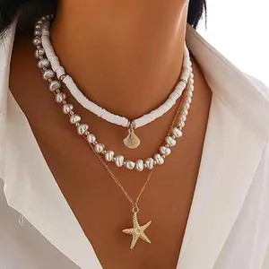BloomWish S Seashell Necklace Layered Charm Starfish Necklace Stack Beach Wear for Women Boho Summer Accessories 14k Pearl Chain Surfer Jewelry Beachy Boho Outfits