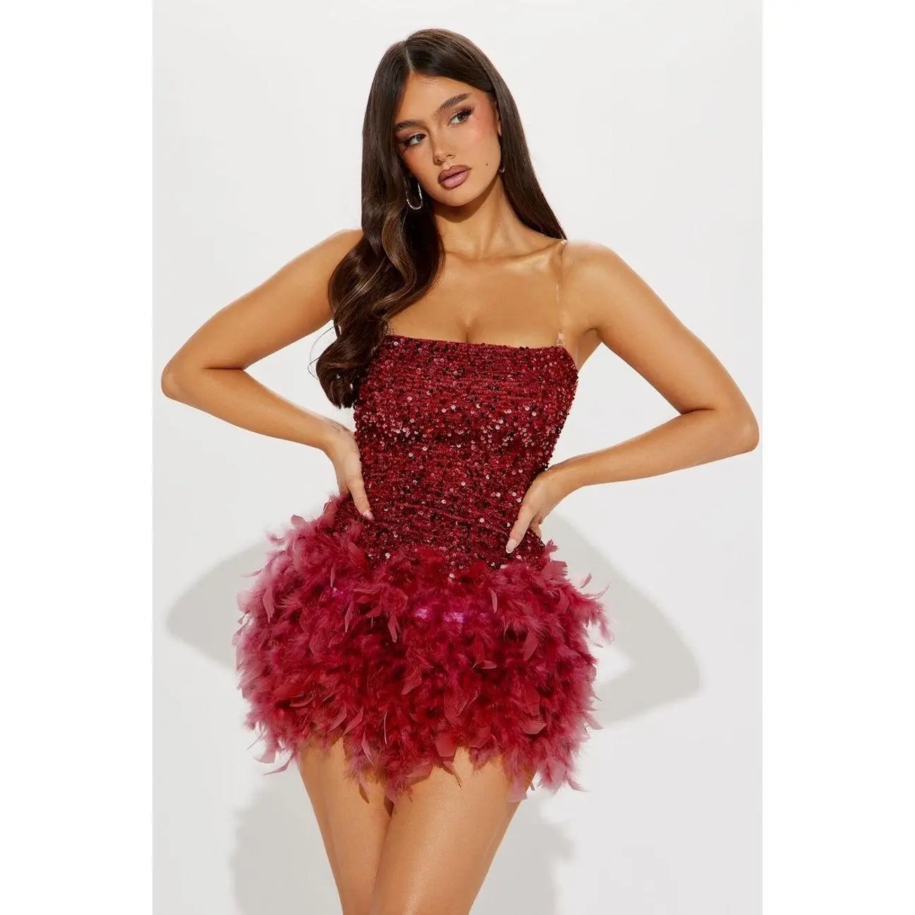 Women's Zoey Feathered Sequin Straight Mini Dress - Wine, Polyester-Spandex Fabric, Zipper Closure
