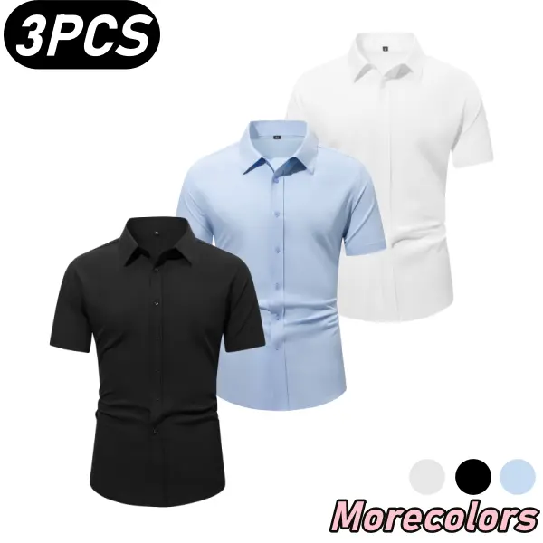 3-pack men’s summer short-sleeve business shirts, simple versatile notched collar design, breathable—doesn’t trap sweat and resists deformation, suitable for work and everyday outings.