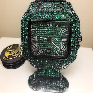 Men’s Green Iced Out VVs Stainless Steel Round Watch Face Timepiece - 43mm, Waterproof, Roman Numeral Dial, Green Bezel Strap and Dial Unique Gifts for Man, Quartz Wrist Fashion Watch