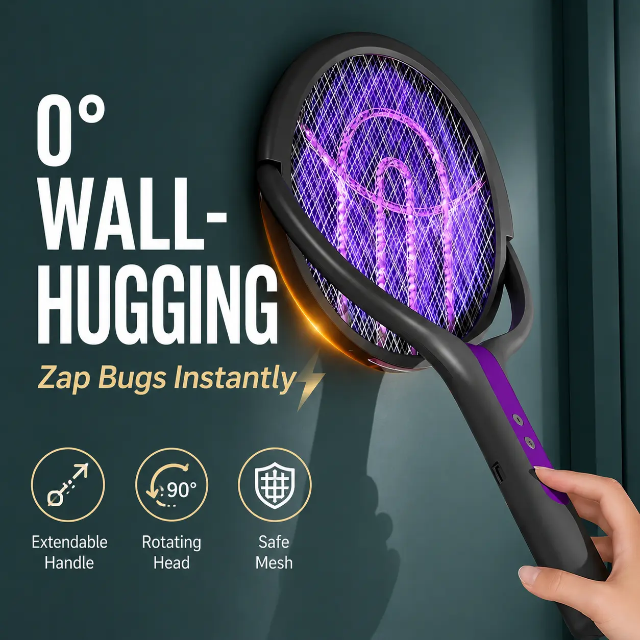 Electronic Mosquito Zapper, Rechargeable Electric Fly Swatter with Extendable Handle, 90° Rotating Head & 0° Wall-Hugging Design for Home Indoor Use tiktokshopbacktoschool