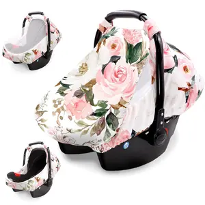 Car Seat Covers for Babies Girl Boy Cozy Sun Bug Cover Infant Carseat Canopy Newborn Stroller Carrier with Breathable Zipper Peep Window Watercolor Pink Flower