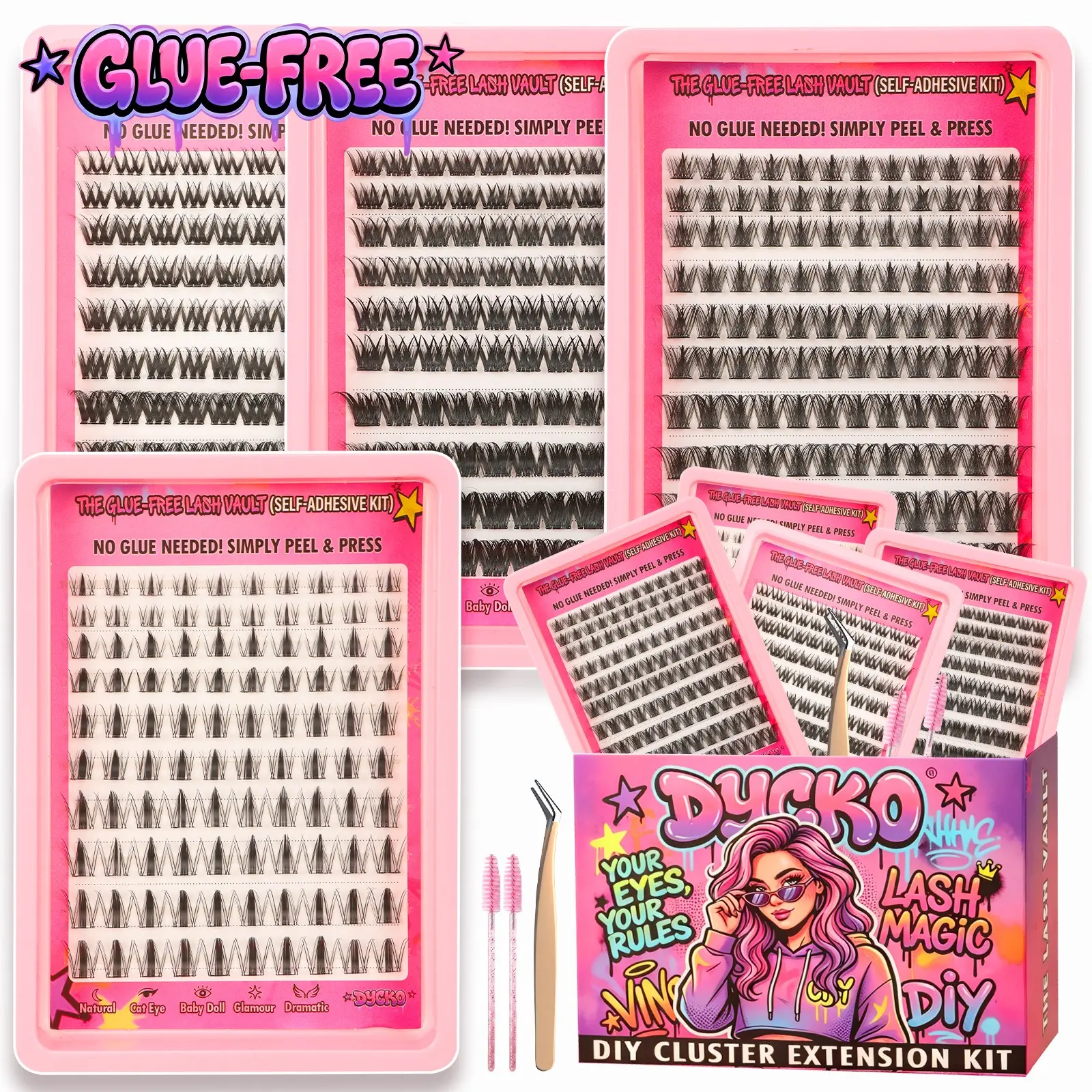 DYCKO 440Pcs DIY Lash Extension Kit - Self-Adhesive Glue-Free Cluster Lashes, DIY Eyelash Clusters, 4 Mixed Styles: Manga Spiky/Fairy Wispy/Wild Volume/Fishtail, 3s Apply Press-on Lashes with Tweezer & Brush