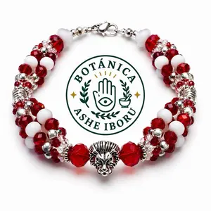Botánica Ashe Iboru Ide de Shango with Sharosky Stones Red and White Beads Lion Head Charm Bracelet