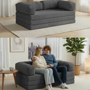 Winzoo 5-in-1 Corduroy Boneless Sofa Bed, Tri-Fold Floor Futon with Pull-Out Mattress & L-Shaped Armrests