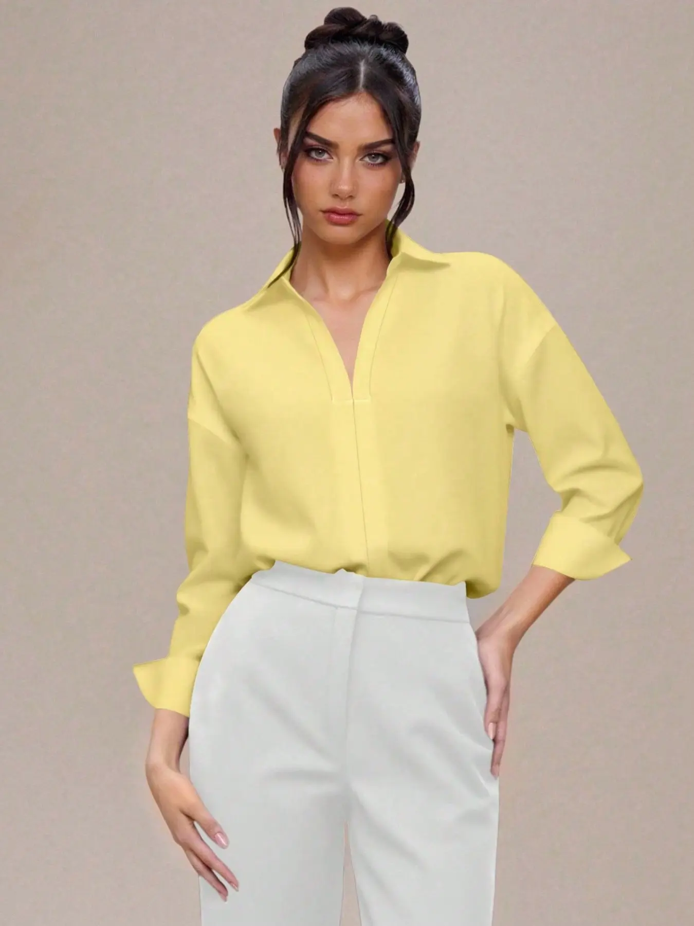 Fashionable Women's Collared Bodycon Long Sleeve Shirt Blouses, Slim Fit Solid Color Top, Stylish Design for Casual Everyday Wear, Trendy Ladies' Clothing