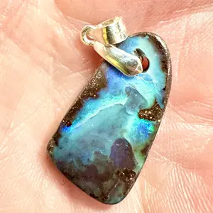 Blue Australian Boulder Opal Pendant Necklace, .925 Sterling Silver. 15ct Unisex Design
