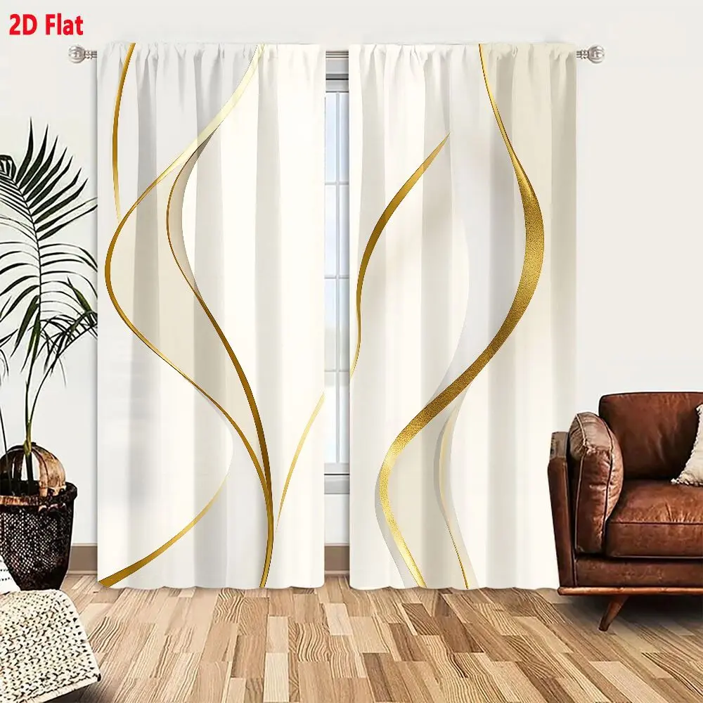 2D Flat Elegant Golden Ribbon Sheer Curtain 2-Piece Set, Smooth Semi-Translucent Metallic Flowing Lines Drape, Cream Background Inspired Lightweight Curtains for Living Room Bedroom, Refined Airy Aesthetic Home Decor