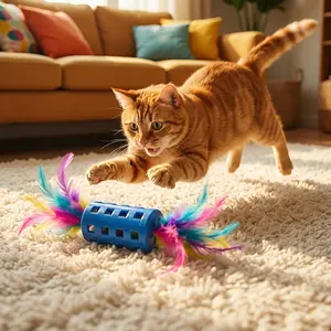Colorful Feather Cat Toy, Rolling Cylinder Self-Amusement Sound Bell, Pet Interaction Wand, Engaging Cat Plaything, Fun Indoor Activity