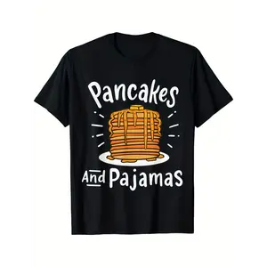Pancake-themed pajama party T-shirt, crew neck, unisex, comfortable and casual for everyday wear and themed parties, versatile clothing suitable for all seasons, fun design.