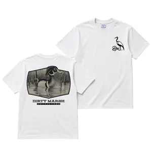 Dirty Marsh Wood Duck T-Shirt, Duck Hunting Graphic Tee With Marsh Waterfowl Back Print, Outdoor Outfitters Style Shirt, Front Chest Bird Logo, Vintage Wildlife Apparel Gift for Hunters and Men Women.