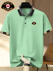 Men's Zavetti Canada Badge Print Polo Shirt, Elastic Casual Breathable All-Season Wear, Comfortable Durable High-End Fitted Style