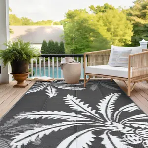 Large Double-Sided Coconut Tree Print Outdoor Rug, Waterproof UV Resistant Foldable Plastic Straw Carpet for Patio, Garden, Poolside, Beach, RV & Camping
