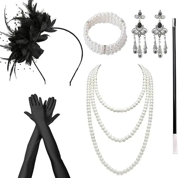 1920s Accessories for Women, Feather Headband Fashion Roaring 20's Theme Set, Pearl Necklace Jewelry Cigarette Rod Black