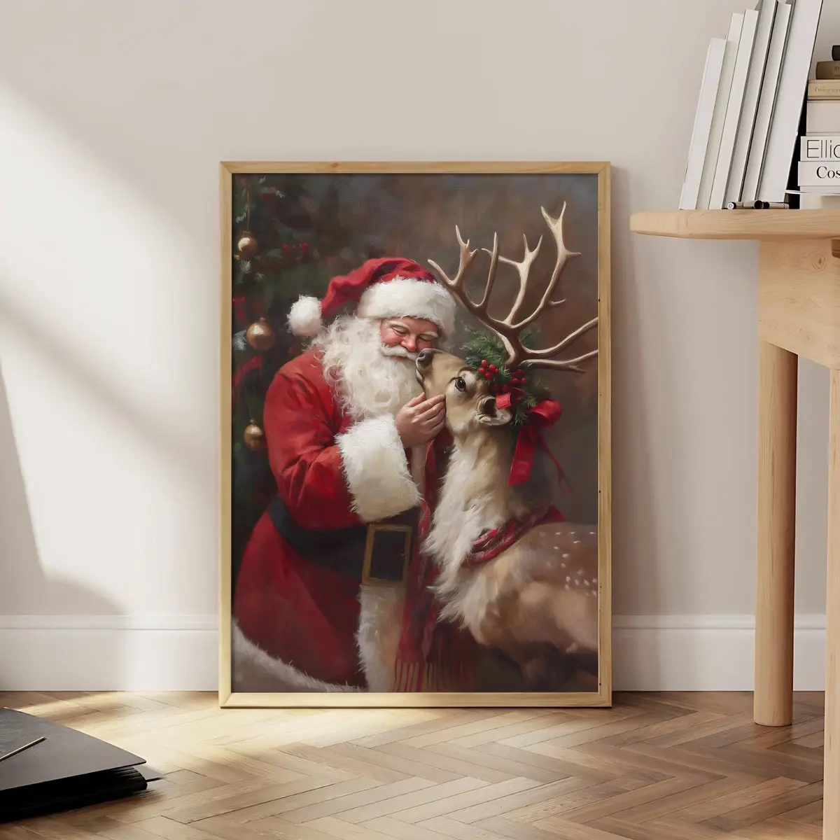 Santa And Reindeer Christmas Print, Vintage Holiday Wall Art, Santa Claus Christmas Poster –  Unframed, Room Decor
