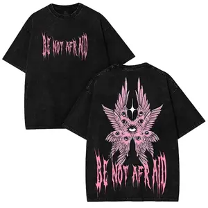Be Not Afraid Washed Tee: Gothic Angelic Streetwear Style - Pink Seraphim Wings Graphic