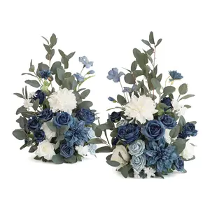 Set of 2 Dusty Blue Artificial Floral Swags | Navy Rose Welcome Sign Flowers | Elegant Wedding Decor