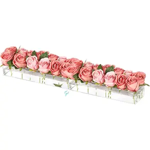2 count  Flower Vase Rectangular - Clear Floral Centerpiece for Dining Table Each 14 Inches, Connect to Form 28 Inches Long Rectangle  Vase for  Wedding Dining Table Decor