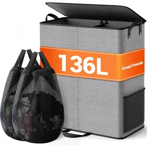 Large Double 136L Gray Laundry Hamper with Lid, 2 Section Tall Laundry Basket with Removable Bags & Reinforced Handles, Dirty Clothes Hampers for Laundry Room Bedroom Bathroom Dorm