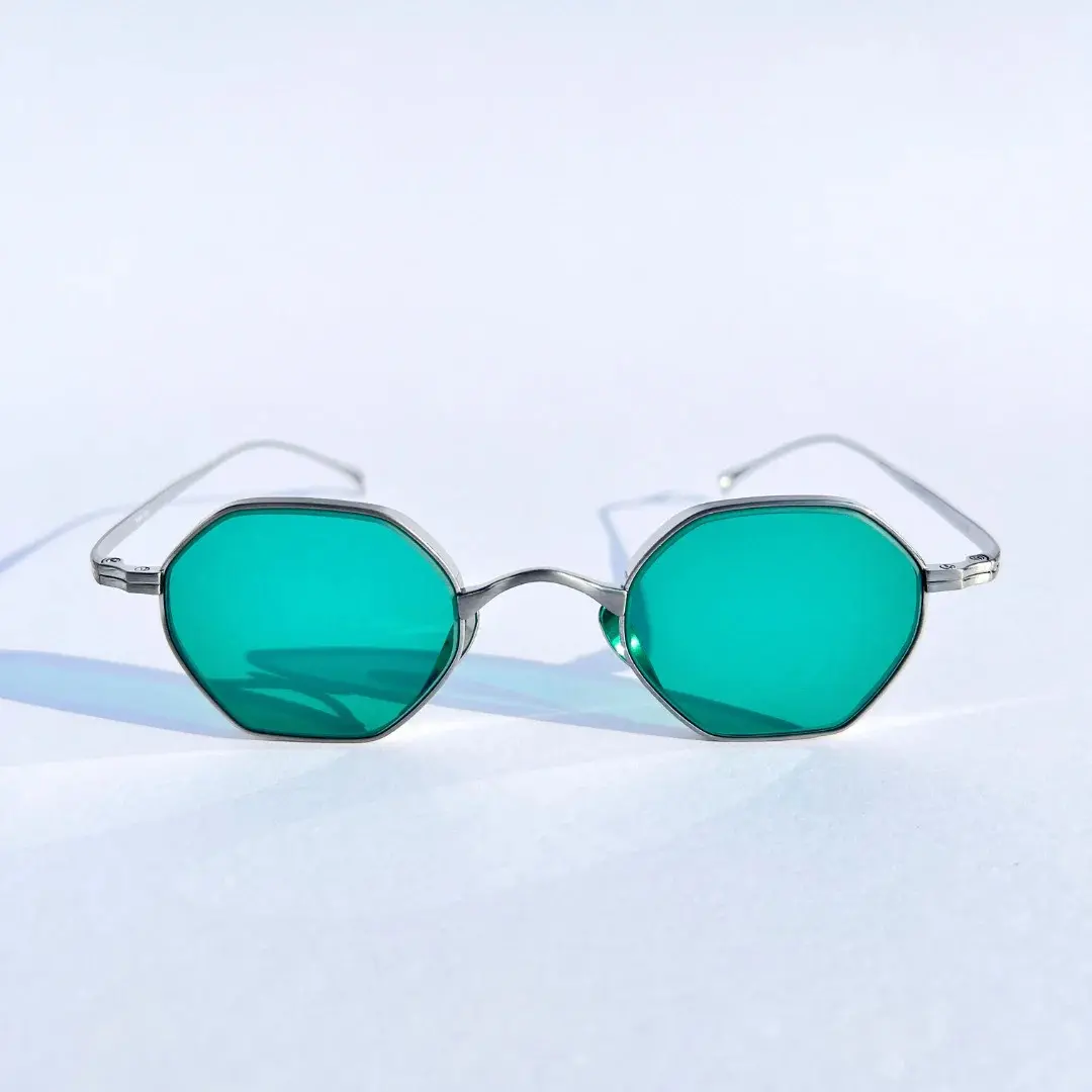 Emerald Crystal Lenses - Silver Hexagon Frames