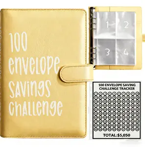 100 Envelope Savings Challenge Binder A5 PU Leather with 25 Pre-Printed Cash Envelopes for Office Home School Budget Tracker Easy Fun Savings Goal Tracker