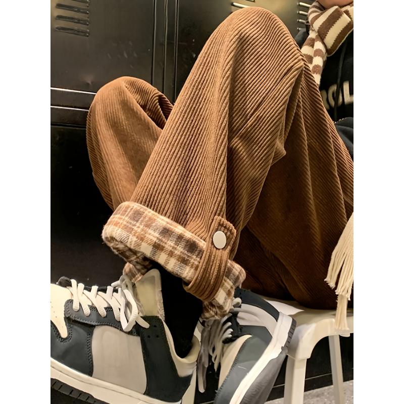 Fashion men's wear: Men's Casual Corduroy-Textured Wide-Leg Pants with Plaid Contrast Cuffs - Beige & Brown All-Season Straight-Leg Trousers, Machine Washable for Casual Attire