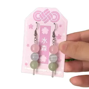Dango Calcedony Stone Japanese Snack Earrings Pink & Green Beads on Stainless Steel Silver Hooks Traditional Japanese Design