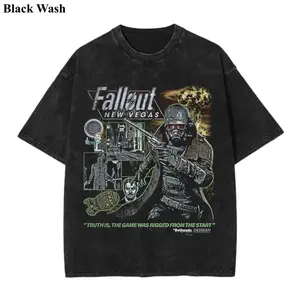 Fallout New Vegas Graphic T-Shirt Men, Vintage Black Wash Oversized Gaming Tee Shirt, NCR Ranger Vault Boy Streetwear, Heavyweight Cotton Tshirt Y2K Top