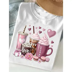 Vibrant Design Drink Lover Tee - Made From 100%, This Women'S Shirt Features Charming Pink Coffee Mugs And Heart Motifs, Along With Iced Coffee And Dessert Details For A Trendy Appearance