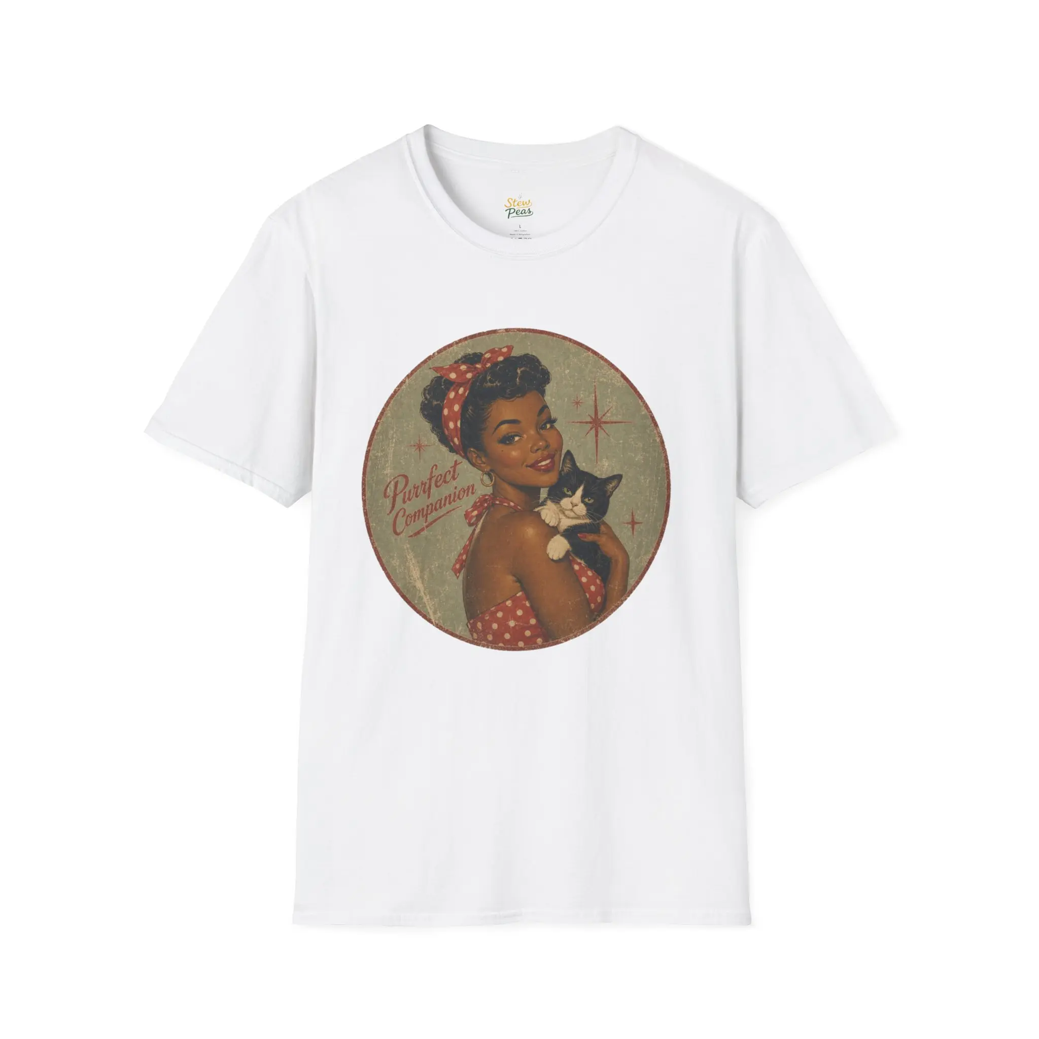 Vintage Pinup Girl with Cat T-Shirt | Retro Rosie the Riveter Style