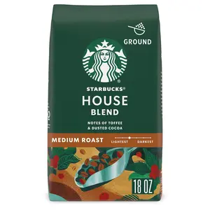 Starbucks Ground Coffee Beverage, Medium Roast House Blend, 100% Arabica, 1 Bag (18 oz)
