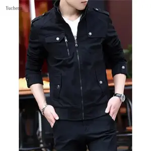 Men'S Solid Color Cargo Jacket, Multi-Pocket Design Stylish Long Sleeve Stand Collar Coat Outdoor Clothes, Perfect Gift