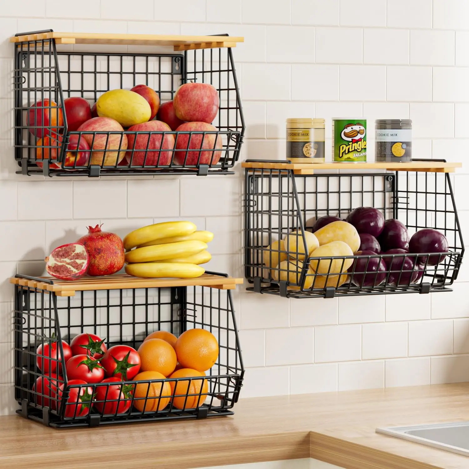3-Pack Rust-Resist Black Carbon Steel Foldable Wire Fruits Basket Organizer Set - Mountable, Hangable Multi-Purpose Shelf for Kitchen Organization, Fruit-Onion-Potato Storage, Quick Installation, Fold & Store Pantry Solution