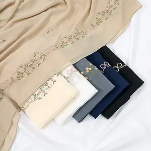 Middle East Arab Muslim Women Pearl Chiffon Elegant Floral Embroidered Hijab Shawl
