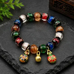 Temple Sacred Incense Ash Elegant Bangle, Traditional Chinese Feng Shui Spiritual Blessing Accessory with Blessed Gold Bell, Colorful Beads and 5-Elements Design