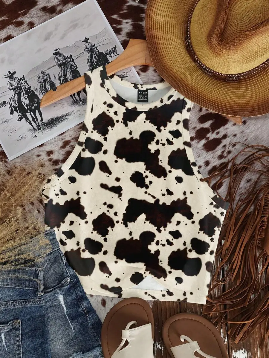 [FREE SHIP DEAL] Casual Minimalist Round Neck Cow Print Western Cowgirl Bohemian Bodycon Tank Top, Suitable For Summer, Vacation, Spring Break, Plus Size