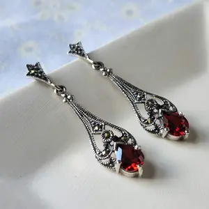 Victorian Gothic Red Glass & Marcasite Filigree Earrings | Romantic Dark Academia Aesthetic