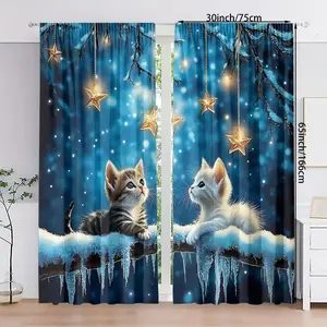 2-Piece Starry Cat Print Curtains, Fashionable Rod Pocket Window Drapes for Bedroom & Living Room, Comfortable Atmosphere, Easy Installation