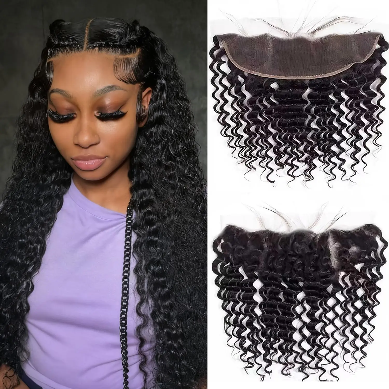Deep Wave 13x4 HD Lace Frontal Closure, Brazilian Human Hair with Baby Hair, Pre-Plucked Ear to Ear Curly Waves for Women, Natural Black for Everyday Wear, Brazilian Hair