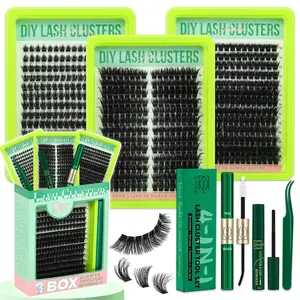 Lashsun 640PCS 3 Styles D Curl Cat/Mega/Volume Lash Clusters Kit, 3 Box Eyelashes in One Kit, Kit with Bond&Seal Remover Tweezers for Beginners and Proficient, DIY at Home Easily,Soft and Comfortable Cluster Eyelashes Easy Apply for Makeup Daily Life