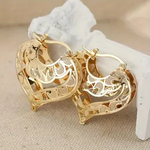 Trendy Golden Plated Hollow Out Heart Hoop Earrings For Women  Fashion Jewelry Accessories Wedding Birthday Gift