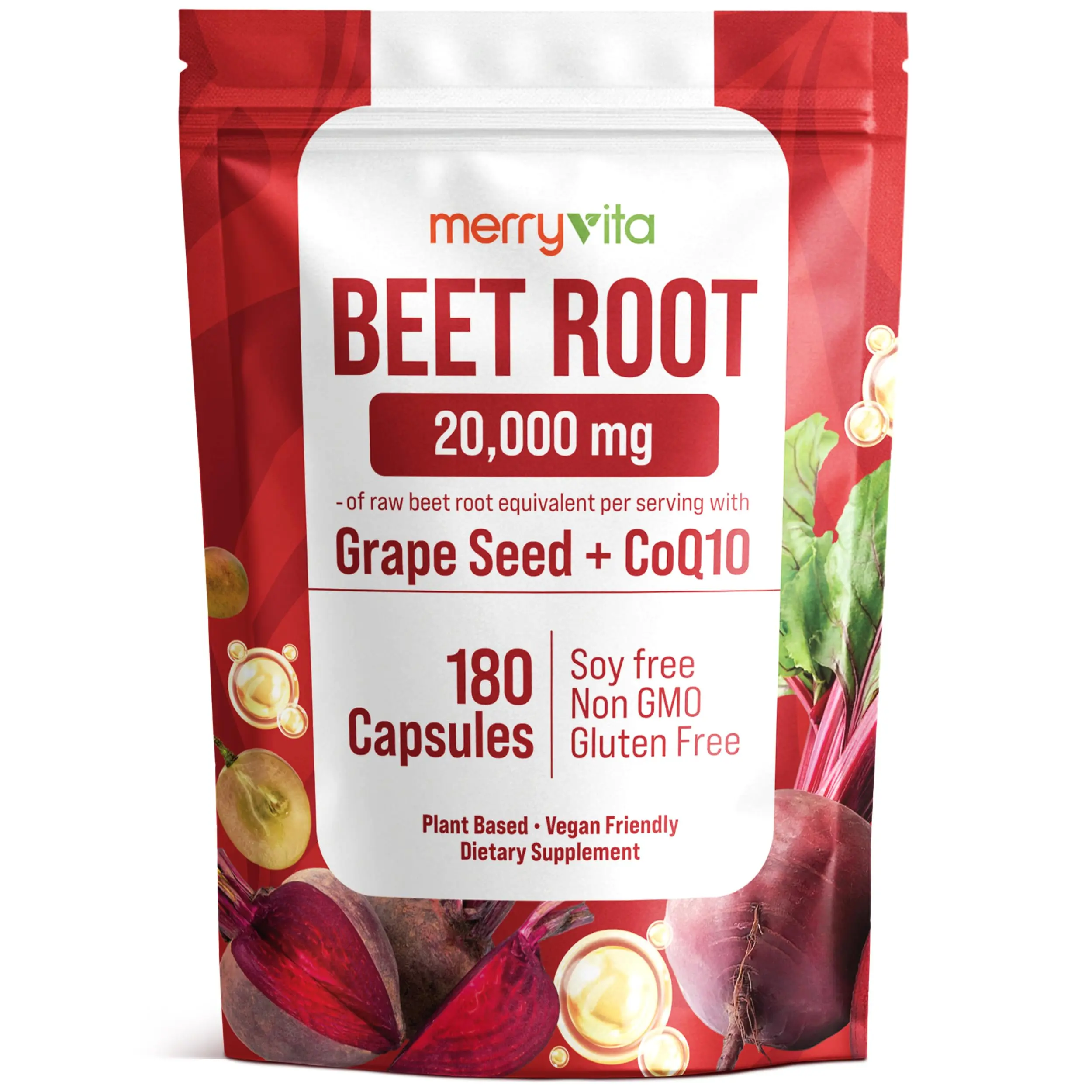 MERRY VITA Beet Root Capsules with Grape Seed & CoQ10 - Blood Pressure Support Supplement - Nitric Oxide Booster - Super Beets Supplement for Heart, Energy, Circulation - 180 Vegan Capsules, Non GMO