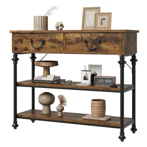 Entryway Table, 39'' Farmhouse Sofa Table with 2 Drawers, Narrow Console Table with Storage Shelves, Narrow Console Table for Living Room, Hallway, Entrance, Foyer, Retro Brown/Grey