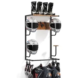 Motorcycle Helmet Wall Mount with 4 Hat Stands,4 Glove Chips & Hooks,Helmet Wall Mount Display,Motorcycle Gear Storage for Helmets, Clothes, Accessories,Wood Color