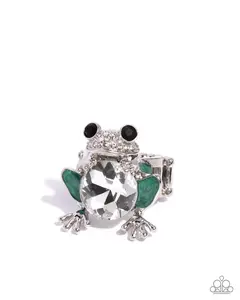 Frog Prince - Green White Black Rhinestone Silver Ring - Paparazzi