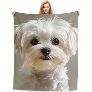 Modern Maltese Dog Print Plush Blanket, 100% Polyester, Soft and Lightweight Plush, Machine Washable, All-Season Multi-Purpose, Digital Printing, 50 0x60.. 0inch , Home Sofa Sofa Decoration