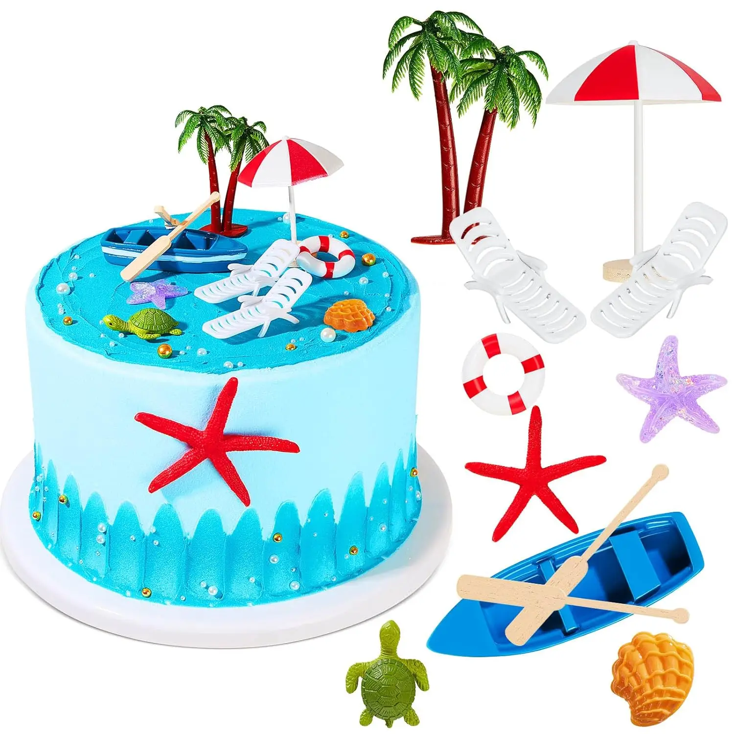 12 PCS Hawaiian Luau Cake Toppers Set, Tropical Beach Cake Decorations with Palm Trees, Umbrella & Chair, Summer Birthday Wedding Baby Shower Party Supplies