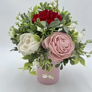 Rosy Elegance: Red, Pink, and Ivory Wood Flower Arrangement in a Pink Vase Decor Decorative