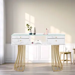 BarberPub Manicure Table with Glass, Marbling Textured Nail Tech Desk with Golden Metal Frame 2464